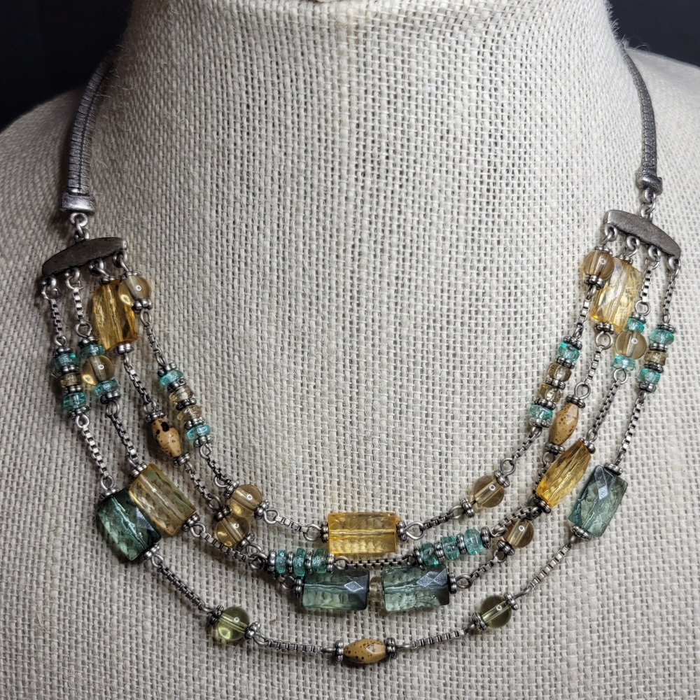Hand Forged Silver Chain Turquoise & Yellow Bead 4 Tier Adjustable 17" Necklace